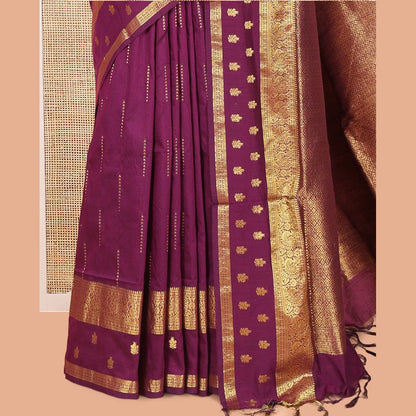 Pothys Wine Kalyani Cotton Saree, Delicately Woven with Buttas, a Traditional Zari Border, Grand Pallu, and a Matching Blouse
