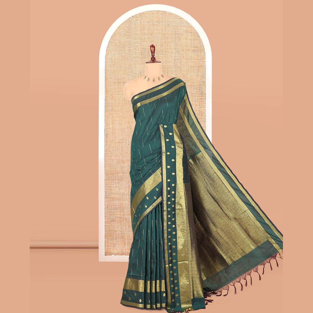 Pothys Green Kalyani Cotton Saree, Delicately Woven with Buttas, a Traditional Zari Border, Grand Pallu, and a Matching Blouse