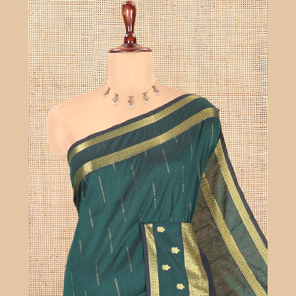 Pothys Green Kalyani Cotton Saree, Delicately Woven with Buttas, a Traditional Zari Border, Grand Pallu, and a Matching Blouse