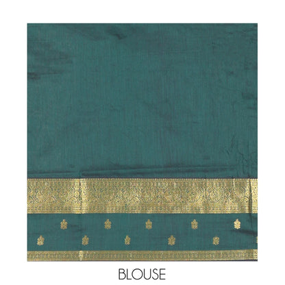 Pothys Green Kalyani Cotton Saree, Delicately Woven with Buttas, a Traditional Zari Border, Grand Pallu, and a Matching Blouse