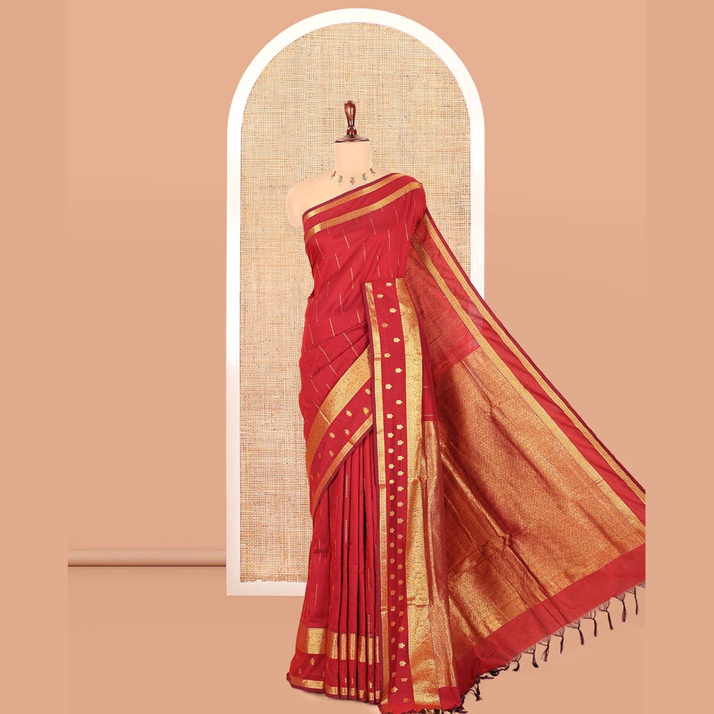 Pothys Maroon Kalyani Cotton Saree, Delicately Woven with Buttas, a Traditional Zari Border, Grand Pallu, and a Matching Blouse