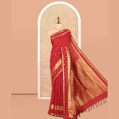 Pothys Maroon Kalyani Cotton Saree, Delicately Woven with Buttas, a Traditional Zari Border, Grand Pallu, and a Matching Blouse