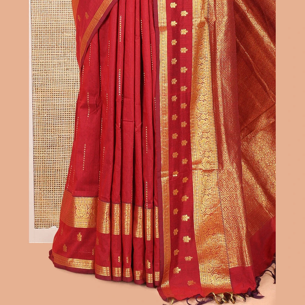 Pothys Maroon Kalyani Cotton Saree, Delicately Woven with Buttas, a Traditional Zari Border, Grand Pallu, and a Matching Blouse