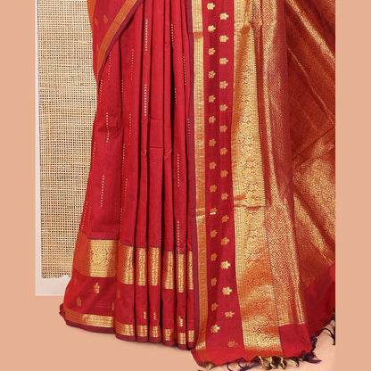Pothys Maroon Kalyani Cotton Saree, Delicately Woven with Buttas, a Traditional Zari Border, Grand Pallu, and a Matching Blouse