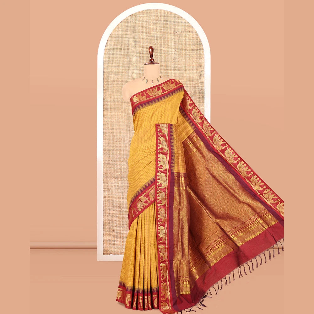 Pothys Mustard Checked Kalyani Cotton Saree, a Contrast Temple Elephant Motif Border, Grand Jaal Pallu, and a Contrast Blouse
