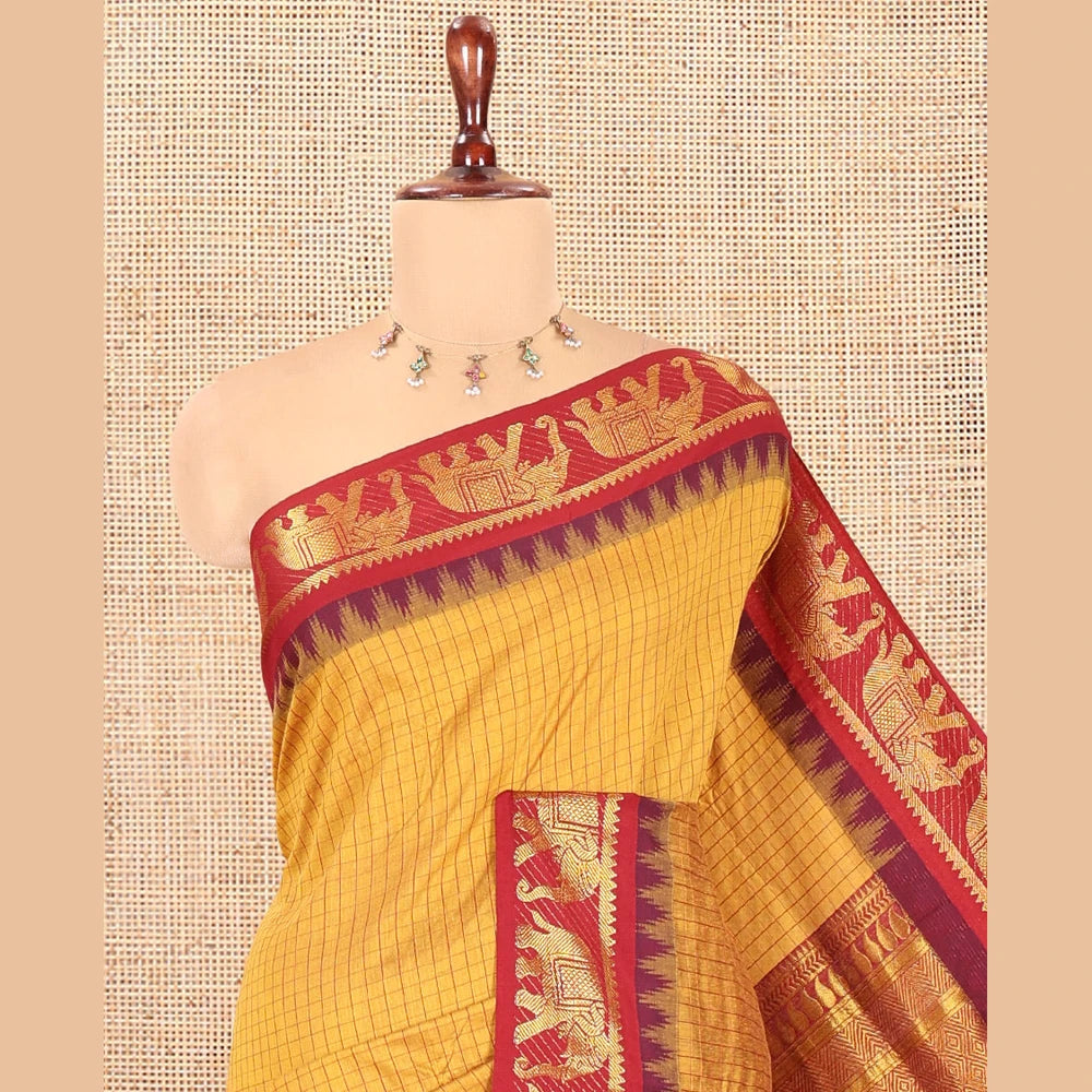 Pothys Mustard Checked Kalyani Cotton Saree, a Contrast Temple Elephant Motif Border, Grand Jaal Pallu, and a Contrast Blouse