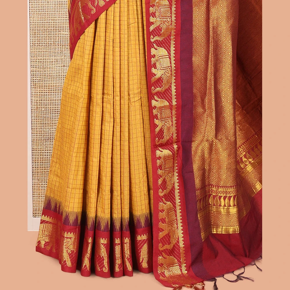 Pothys Mustard Checked Kalyani Cotton Saree, a Contrast Temple Elephant Motif Border, Grand Jaal Pallu, and a Contrast Blouse