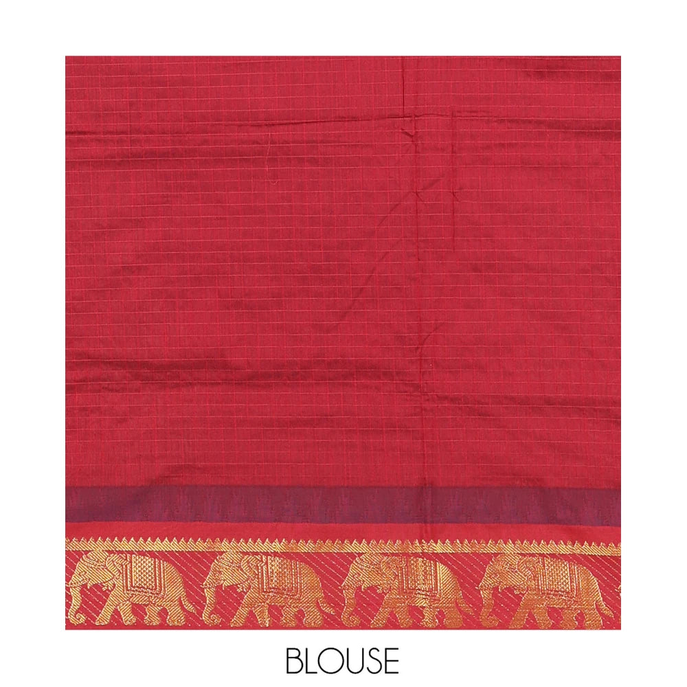 Pothys Mustard Checked Kalyani Cotton Saree, a Contrast Temple Elephant Motif Border, Grand Jaal Pallu, and a Contrast Blouse