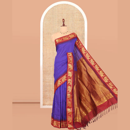 Pothys Royal Blue Checked Kalyani Cotton Saree, a Contrast Temple Elephant Motif Border, Grand Jaal Pallu, and a Contrast Blouse