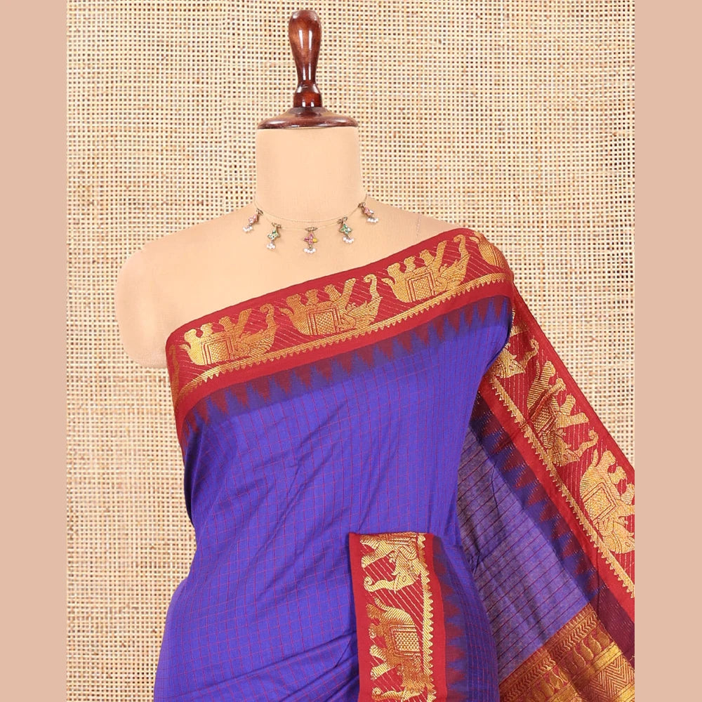 Pothys Royal Blue Checked Kalyani Cotton Saree, a Contrast Temple Elephant Motif Border, Grand Jaal Pallu, and a Contrast Blouse
