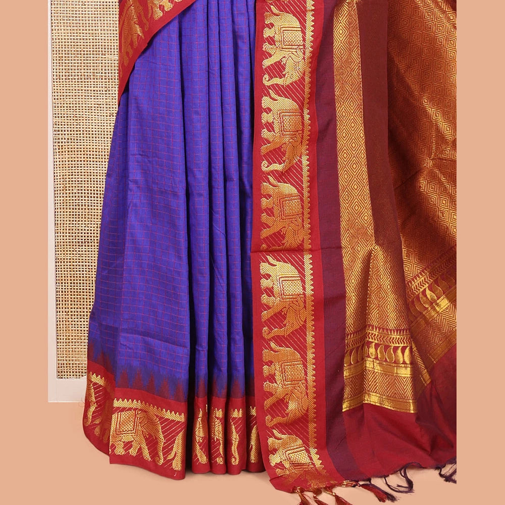 Pothys Royal Blue Checked Kalyani Cotton Saree, a Contrast Temple Elephant Motif Border, Grand Jaal Pallu, and a Contrast Blouse
