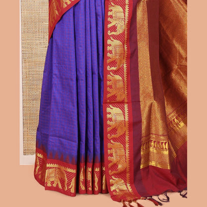 Pothys Royal Blue Checked Kalyani Cotton Saree, a Contrast Temple Elephant Motif Border, Grand Jaal Pallu, and a Contrast Blouse