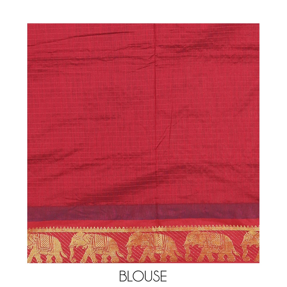 Pothys Royal Blue Checked Kalyani Cotton Saree, a Contrast Temple Elephant Motif Border, Grand Jaal Pallu, and a Contrast Blouse