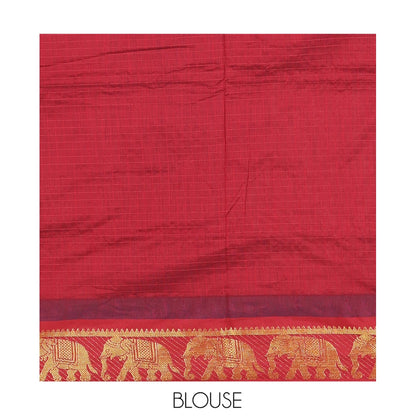 Pothys Royal Blue Checked Kalyani Cotton Saree, a Contrast Temple Elephant Motif Border, Grand Jaal Pallu, and a Contrast Blouse