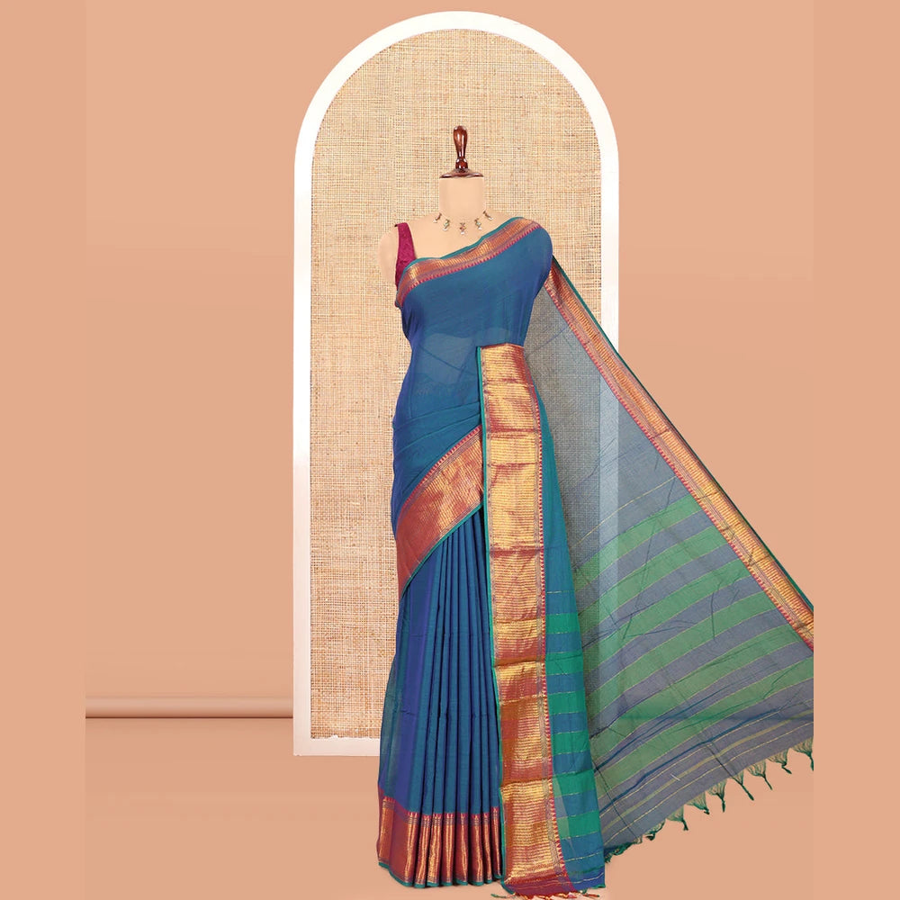 Pothys Rama Blue Plain Mercerised Cotton Saree, a Contrast Traditional Zari Border, Striped Pallu and a Matching Blouse