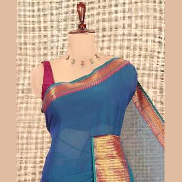 Pothys Rama Blue Plain Mercerised Cotton Saree, a Contrast Traditional Zari Border, Striped Pallu and a Matching Blouse