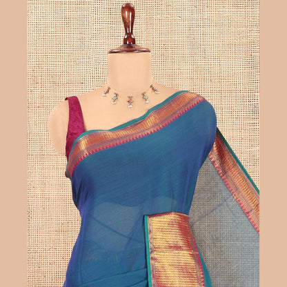 Pothys Rama Blue Plain Mercerised Cotton Saree, a Contrast Traditional Zari Border, Striped Pallu and a Matching Blouse