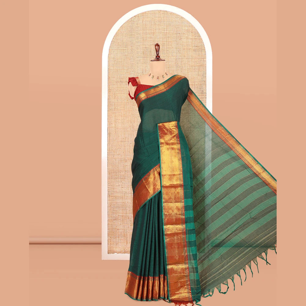 Pothys Green Plain Mercerised Cotton Saree, a Contrast Traditional Zari Border, Striped Pallu and a Matching Blouse