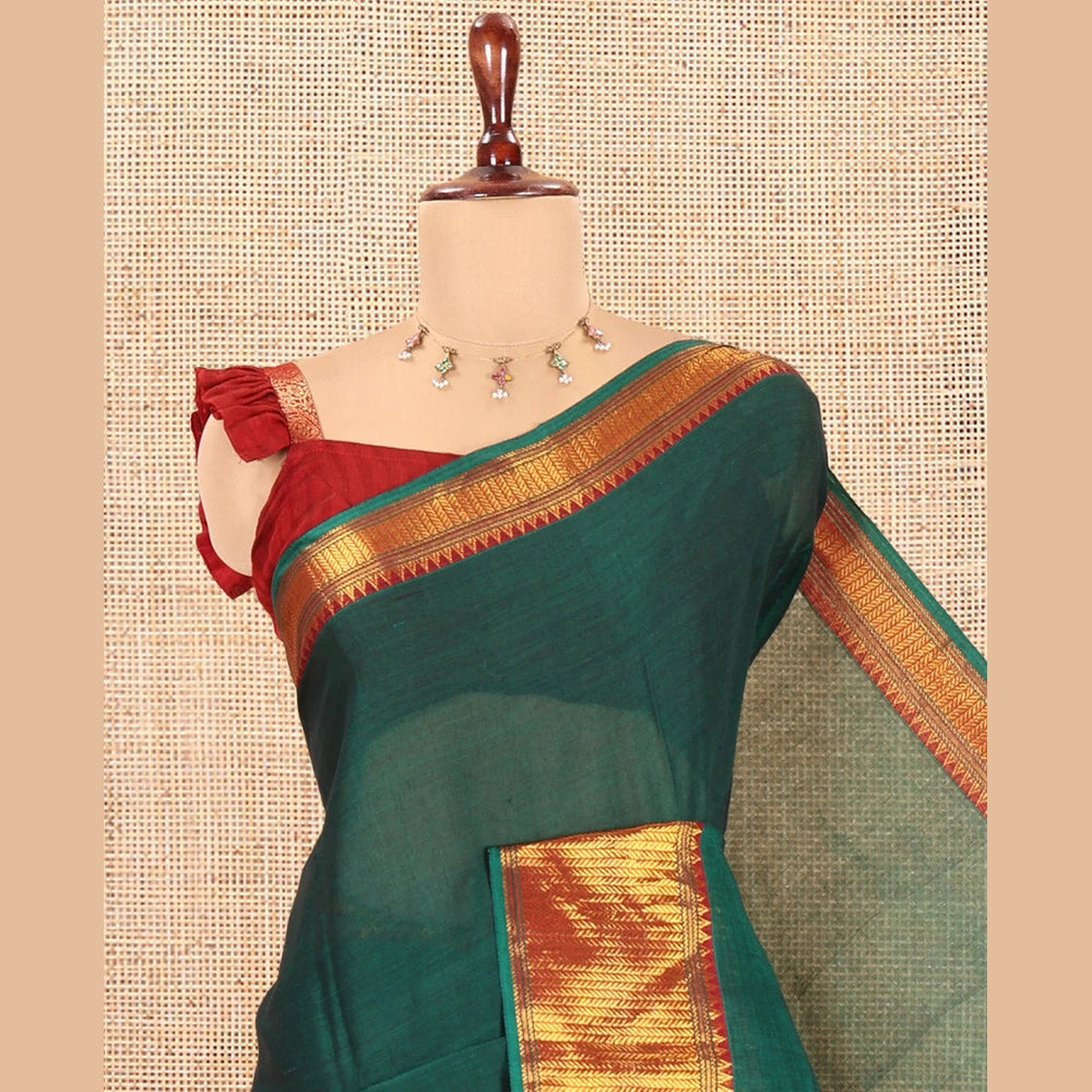 Pothys Green Plain Mercerised Cotton Saree, a Contrast Traditional Zari Border, Striped Pallu and a Matching Blouse