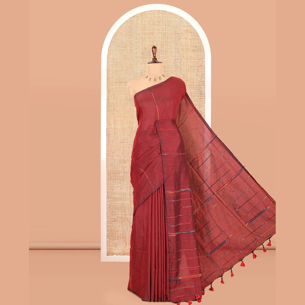 Pothys Borderless Maroon Khadi Mul Cotton, Subtly Woven with Multi-Color Stripes, a Self-Pallu and No Blouse