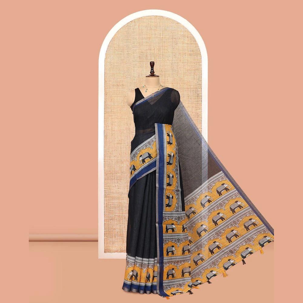 Pothys Black Plain Linen Cotton Saree, a Contrast Elephant Motif Border, Elephant Printed Pallu, a Contrast Elephant Printed Blouse