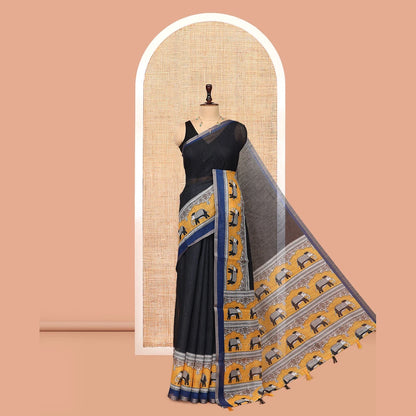 Pothys Black Plain Linen Cotton Saree, a Contrast Elephant Motif Border, Elephant Printed Pallu, a Contrast Elephant Printed Blouse