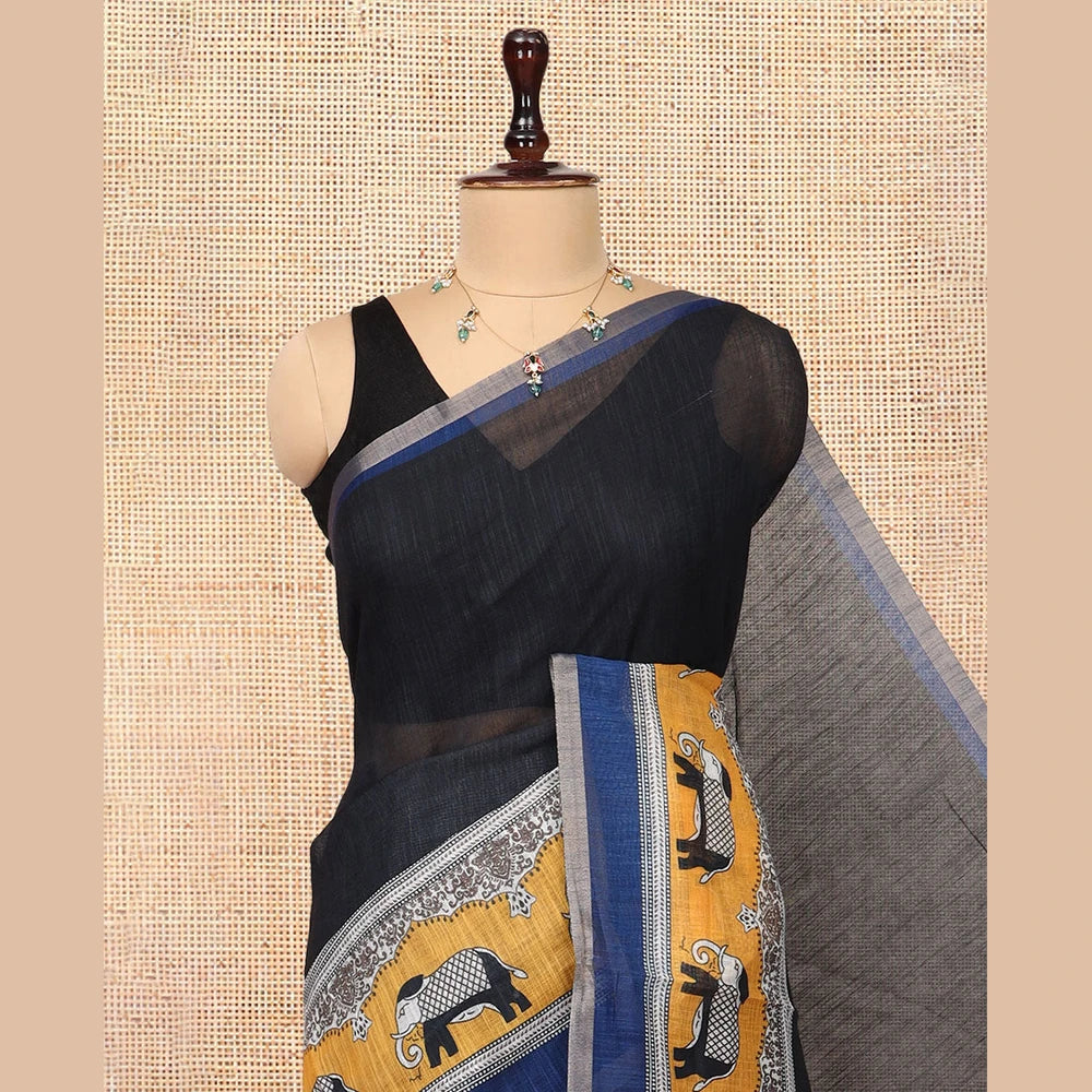 Pothys Black Plain Linen Cotton Saree, a Contrast Elephant Motif Border, Elephant Printed Pallu, a Contrast Elephant Printed Blouse