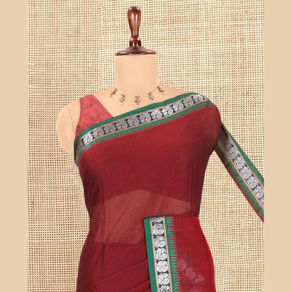 Pothys Maroon Plain Mercerized Cotton Saree, a Contrast Peacock Temple Thread Border, Striped Pallu, and a Matching Blouse