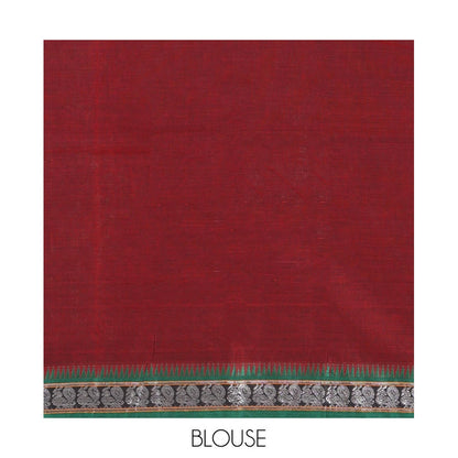 Pothys Maroon Plain Mercerized Cotton Saree, a Contrast Peacock Temple Thread Border, Striped Pallu, and a Matching Blouse