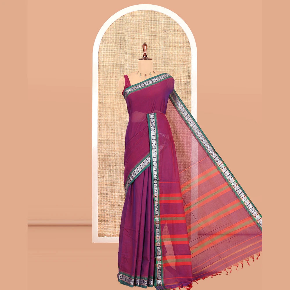 Pothys Purple Plain Mercerized Cotton Saree, a Contrast Peacock Temple Thread Border, Striped Pallu, and a Matching Blouse