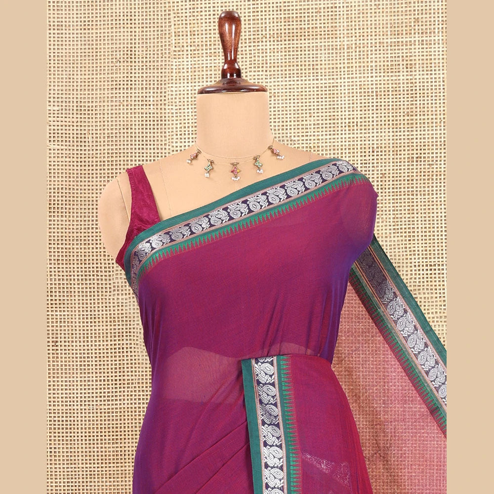 Pothys Purple Plain Mercerized Cotton Saree, a Contrast Peacock Temple Thread Border, Striped Pallu, and a Matching Blouse