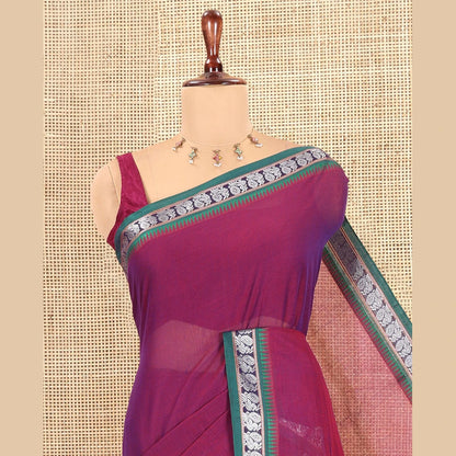 Pothys Purple Plain Mercerized Cotton Saree, a Contrast Peacock Temple Thread Border, Striped Pallu, and a Matching Blouse