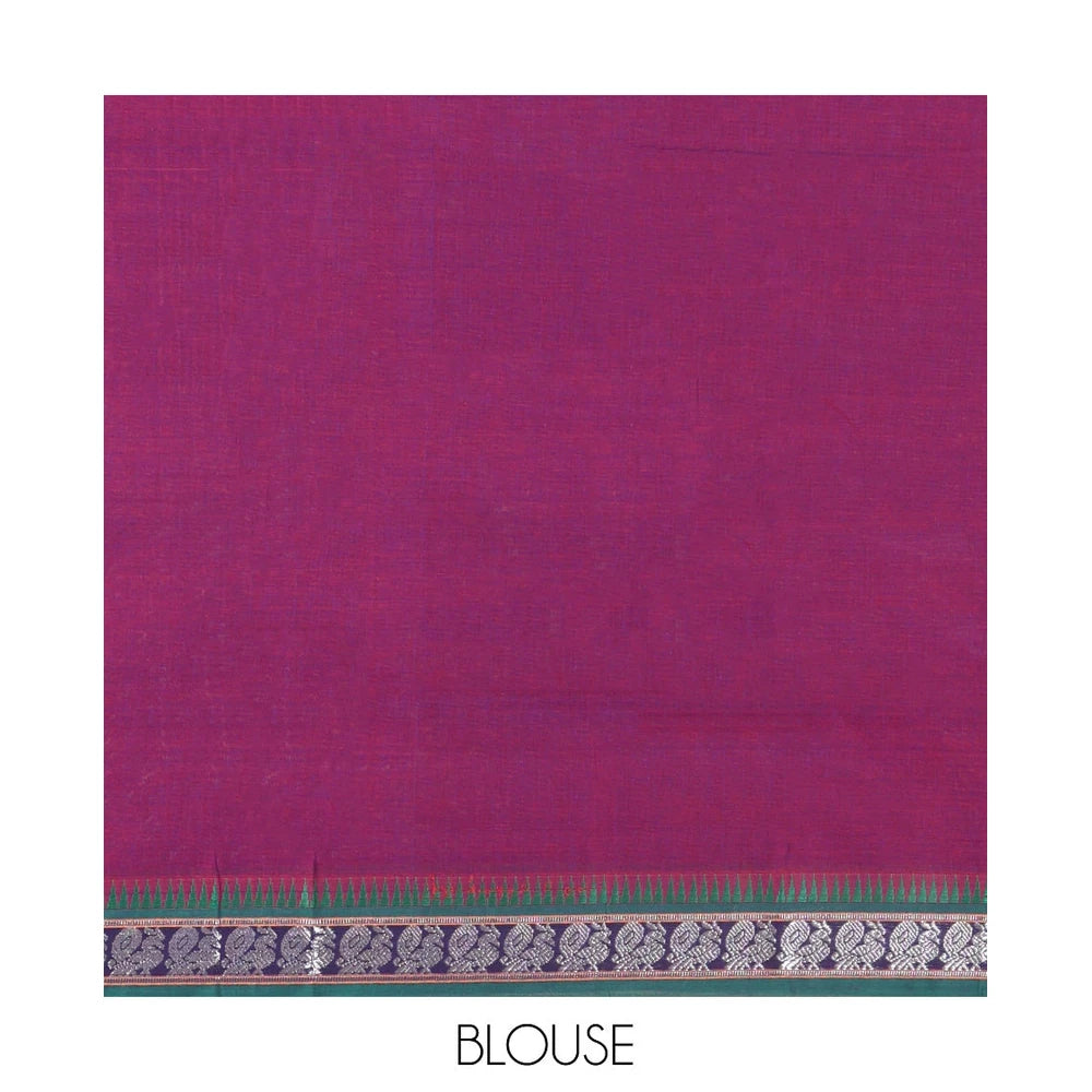 Pothys Purple Plain Mercerized Cotton Saree, a Contrast Peacock Temple Thread Border, Striped Pallu, and a Matching Blouse