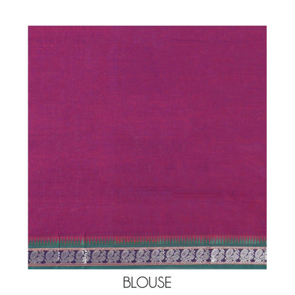 Pothys Purple Plain Mercerized Cotton Saree, a Contrast Peacock Temple Thread Border, Striped Pallu, and a Matching Blouse