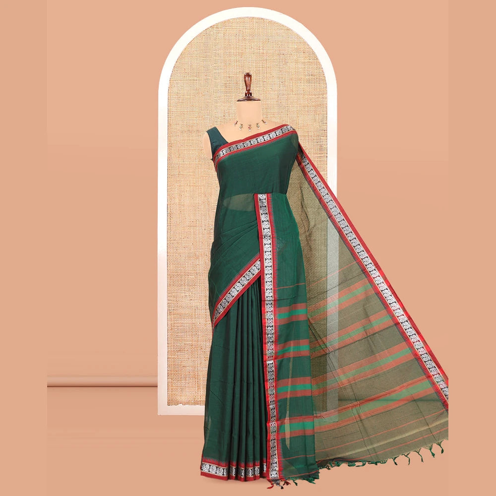Pothys Green Plain Mercerized Cotton Saree, a Contrast Peacock Temple Thread Border, Striped Pallu, and a Matching Blouse