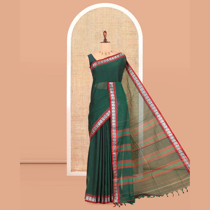 Pothys Green Plain Mercerized Cotton Saree, a Contrast Peacock Temple Thread Border, Striped Pallu, and a Matching Blouse