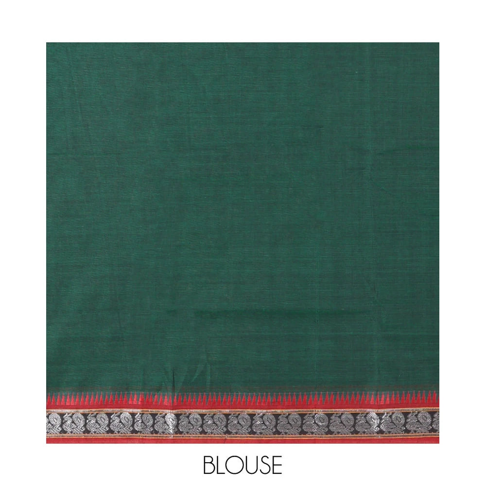 Pothys Green Plain Mercerized Cotton Saree, a Contrast Peacock Temple Thread Border, Striped Pallu, and a Matching Blouse