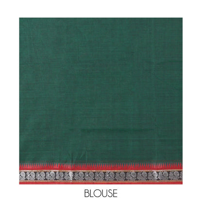 Pothys Green Plain Mercerized Cotton Saree, a Contrast Peacock Temple Thread Border, Striped Pallu, and a Matching Blouse