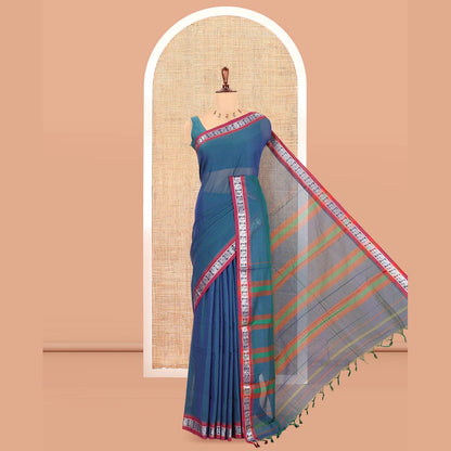 Pothys Blue Plain Mercerized Cotton Saree, a Contrast Peacock Temple Thread Border, Striped Pallu, and a Matching Blouse