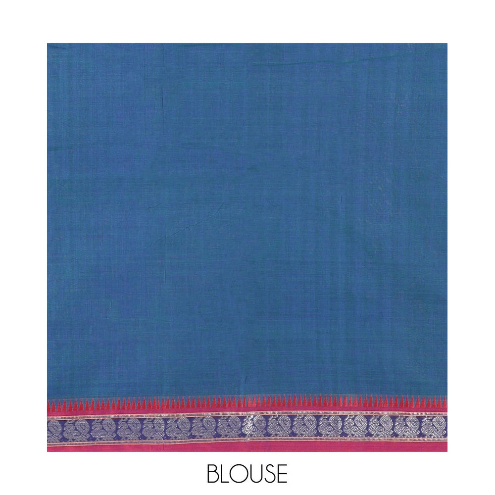 Pothys Blue Plain Mercerized Cotton Saree, a Contrast Peacock Temple Thread Border, Striped Pallu, and a Matching Blouse
