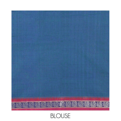 Pothys Blue Plain Mercerized Cotton Saree, a Contrast Peacock Temple Thread Border, Striped Pallu, and a Matching Blouse