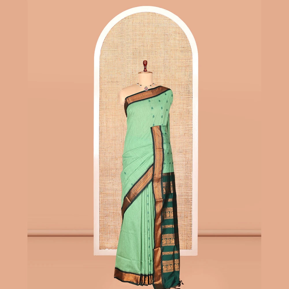 Pothys Green Kalyani Cotton Saree, Subtly Sparkled with Thread Buttas, a Contrast Traditional Zari Border, Grand Pallu, and a Contrast Blouse