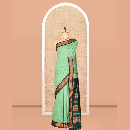 Pothys Green Kalyani Cotton Saree, Subtly Sparkled with Thread Buttas, a Contrast Traditional Zari Border, Grand Pallu, and a Contrast Blouse