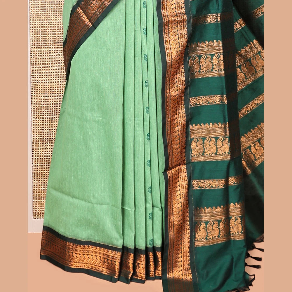Pothys Green Kalyani Cotton Saree, Subtly Sparkled with Thread Buttas, a Contrast Traditional Zari Border, Grand Pallu, and a Contrast Blouse