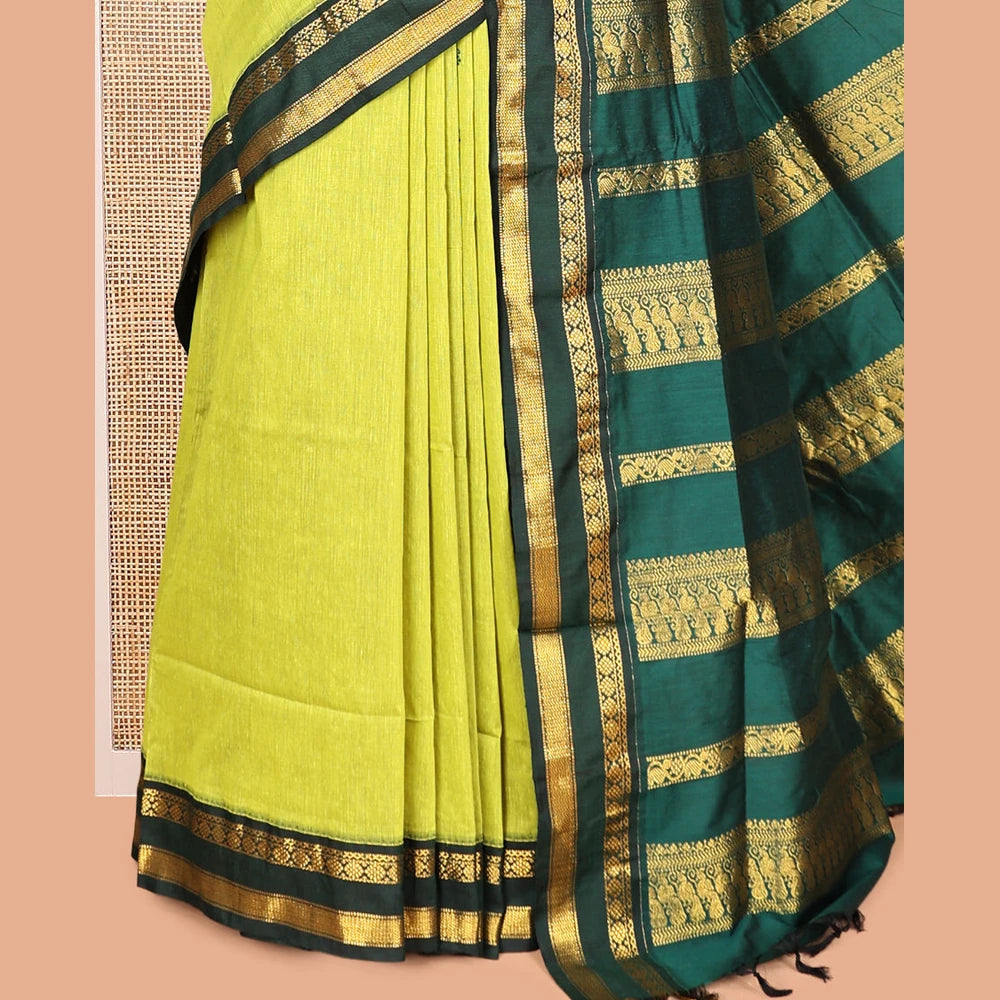 Pothys Leaf Green Kalyani Cotton Saree, Finely Crafted with Thread Buttas, a Contrast Traditional Rettai Pettu Zari Border, Grand Pallu, and a Contrast Blouse