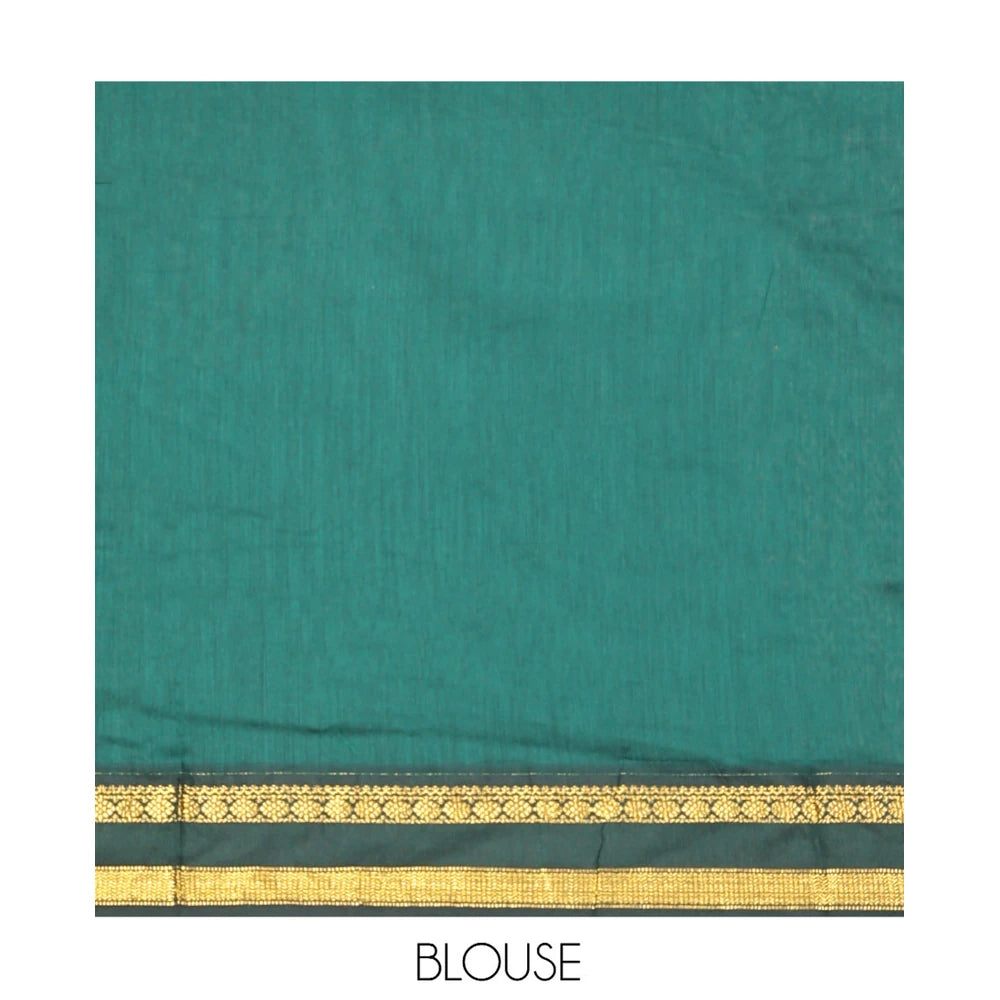 Pothys Leaf Green Kalyani Cotton Saree, Finely Crafted with Thread Buttas, a Contrast Traditional Rettai Pettu Zari Border, Grand Pallu, and a Contrast Blouse