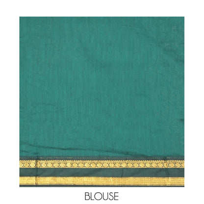 Pothys Leaf Green Kalyani Cotton Saree, Finely Crafted with Thread Buttas, a Contrast Traditional Rettai Pettu Zari Border, Grand Pallu, and a Contrast Blouse