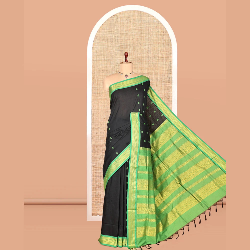 Pothys Black Kalyani Cotton Saree, Enthralled with Thread Buttas, a Contrast Traditional Zari Border, Grand Pallu, and a Contrast Blouse