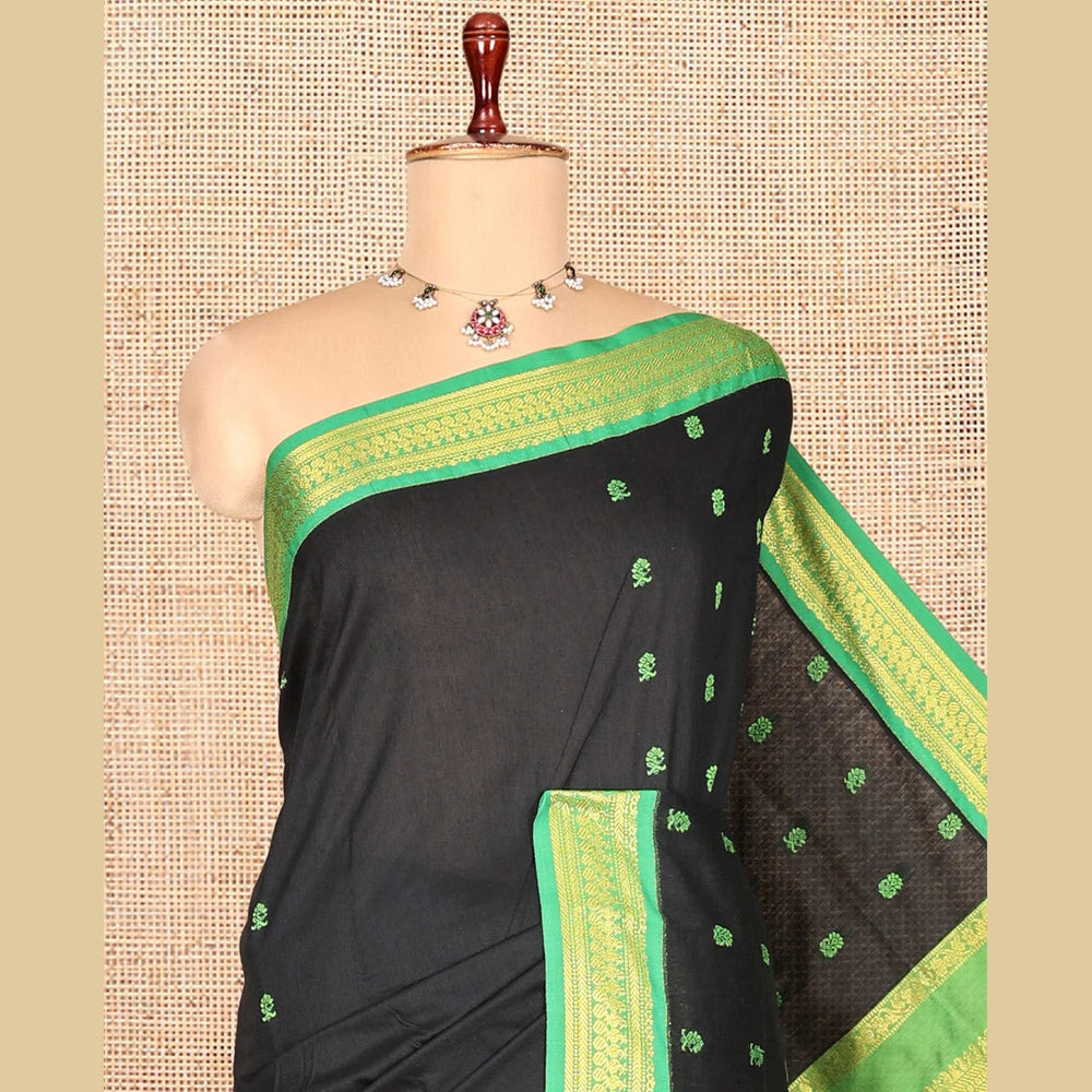 Pothys Black Kalyani Cotton Saree, Enthralled with Thread Buttas, a Contrast Traditional Zari Border, Grand Pallu, and a Contrast Blouse