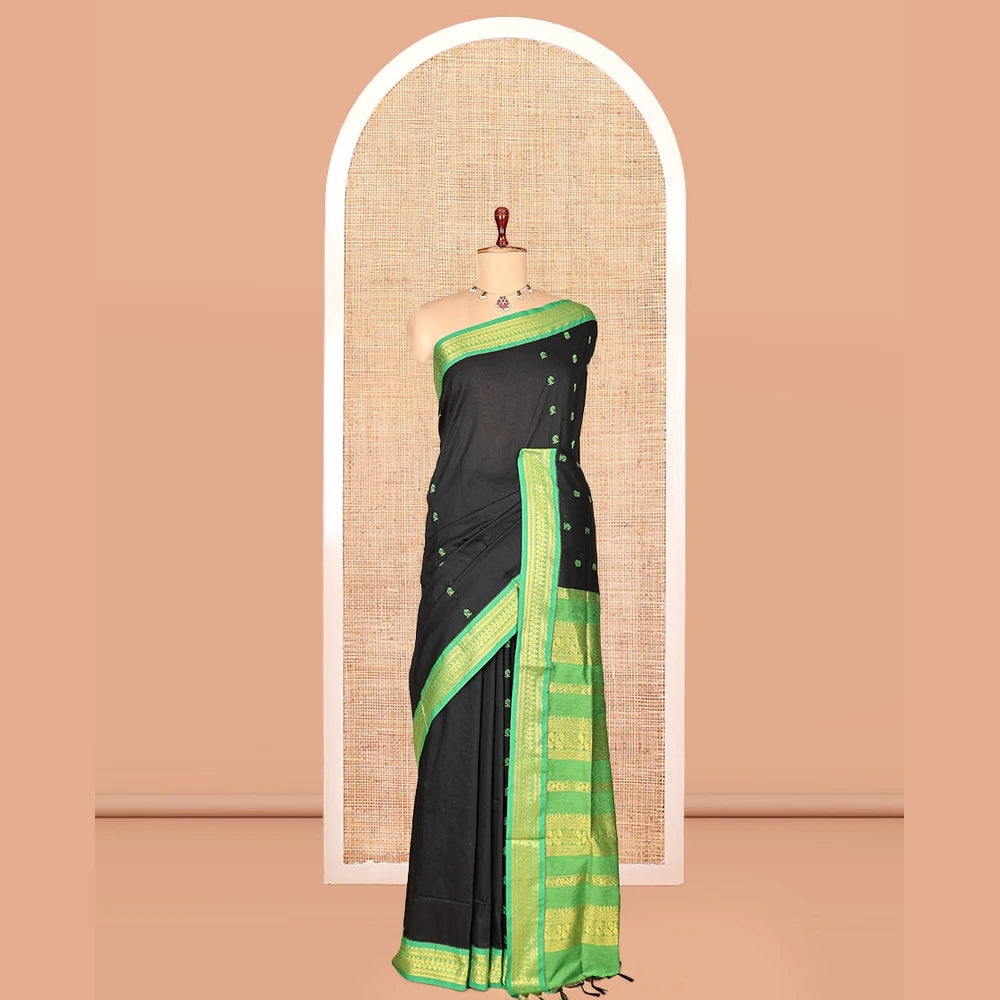 Pothys Black Kalyani Cotton Saree, Enthralled with Thread Buttas, a Contrast Traditional Zari Border, Grand Pallu, and a Contrast Blouse